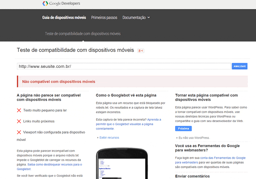 Teste de compatibilidade com dispositivos móveis